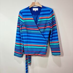 Lily & Taylor NY Blue Striped Wrap Blazer Jacket Women 12 Bold Colorful Church